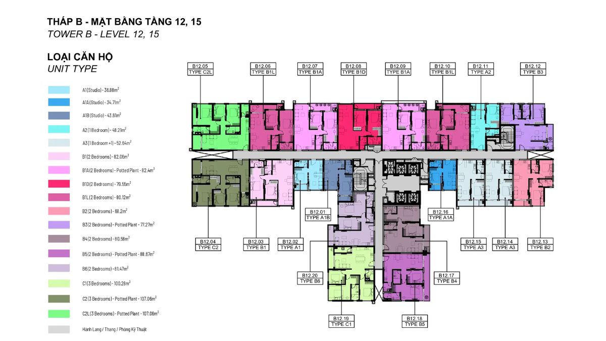 Mặt bằng tầng 12, 15 Tháp B Elysian
