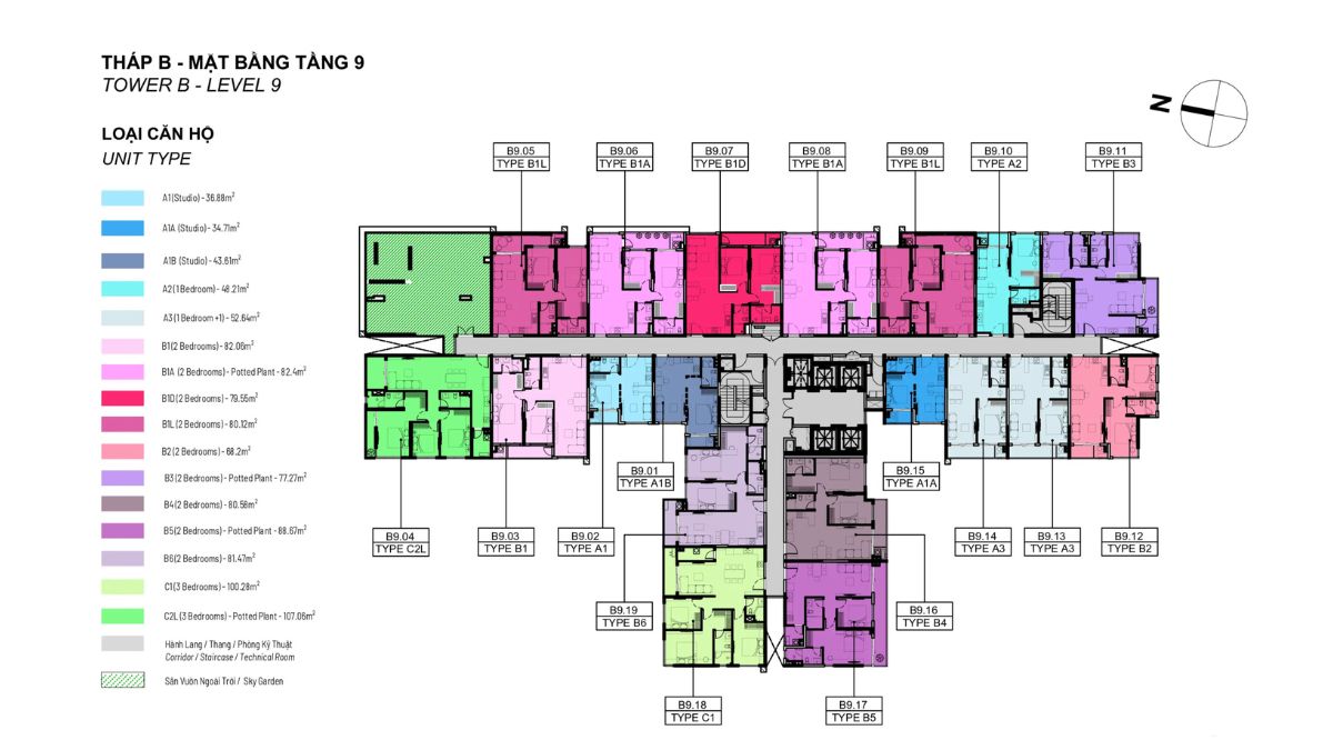 Mặt bằng tầng 9 Tháp B Elysian