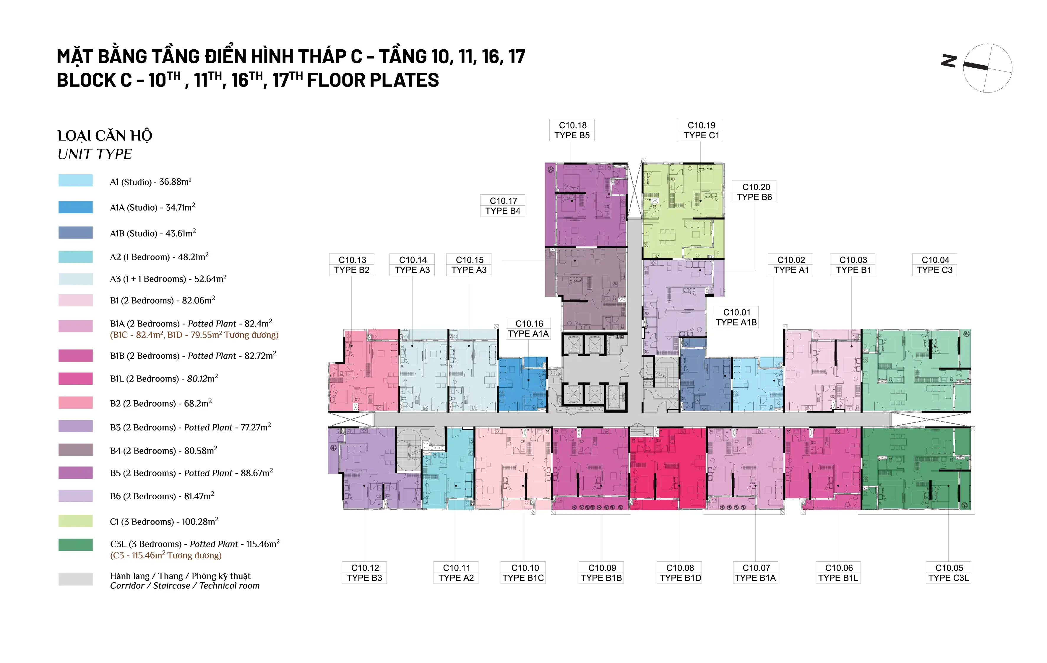 Mặt bằng tầng 10, 11, 16, 17 Tháp C Elysian
