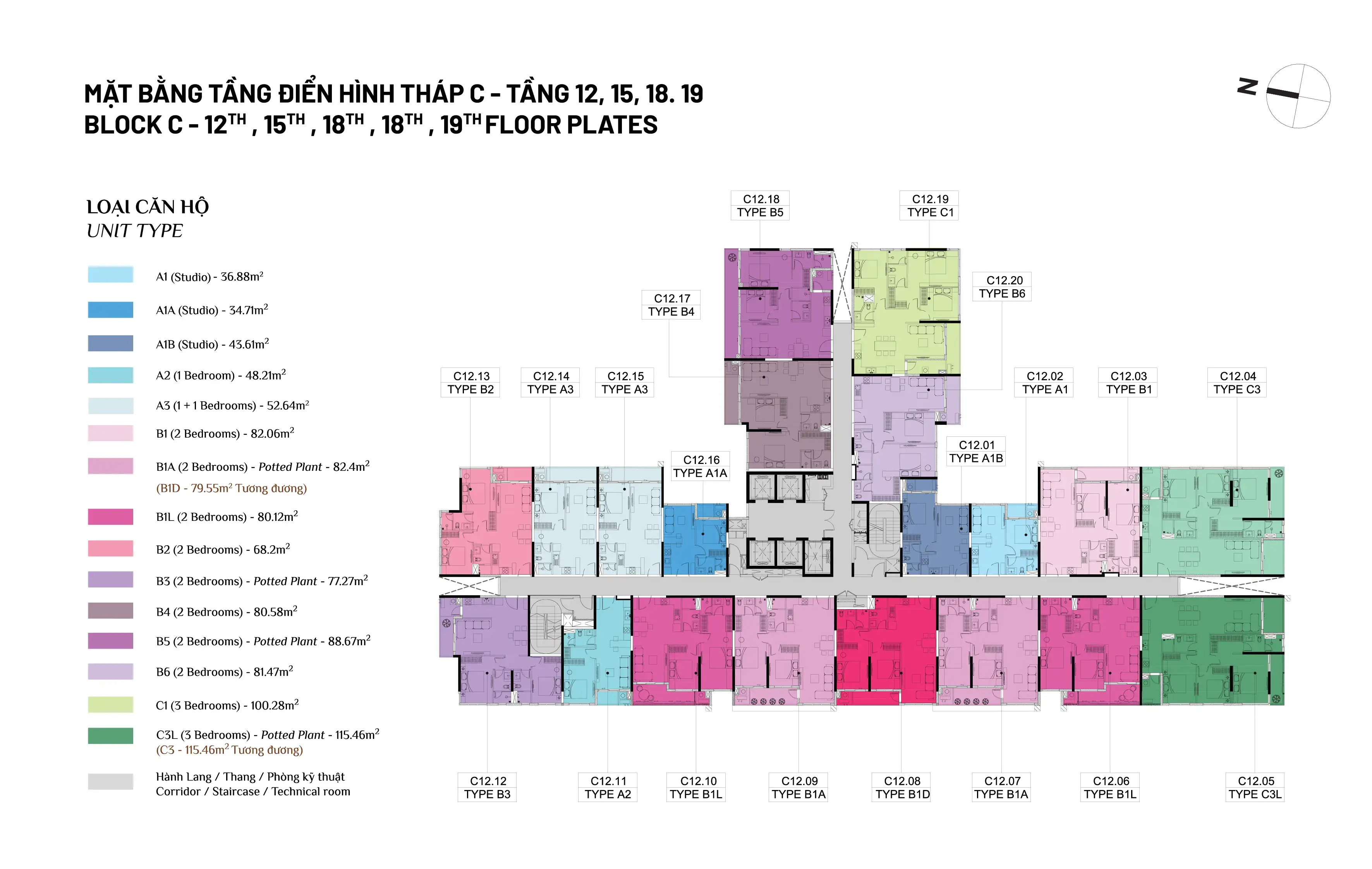Mặt bằng tầng 12, 15, 18, 19 Tháp C Elysian