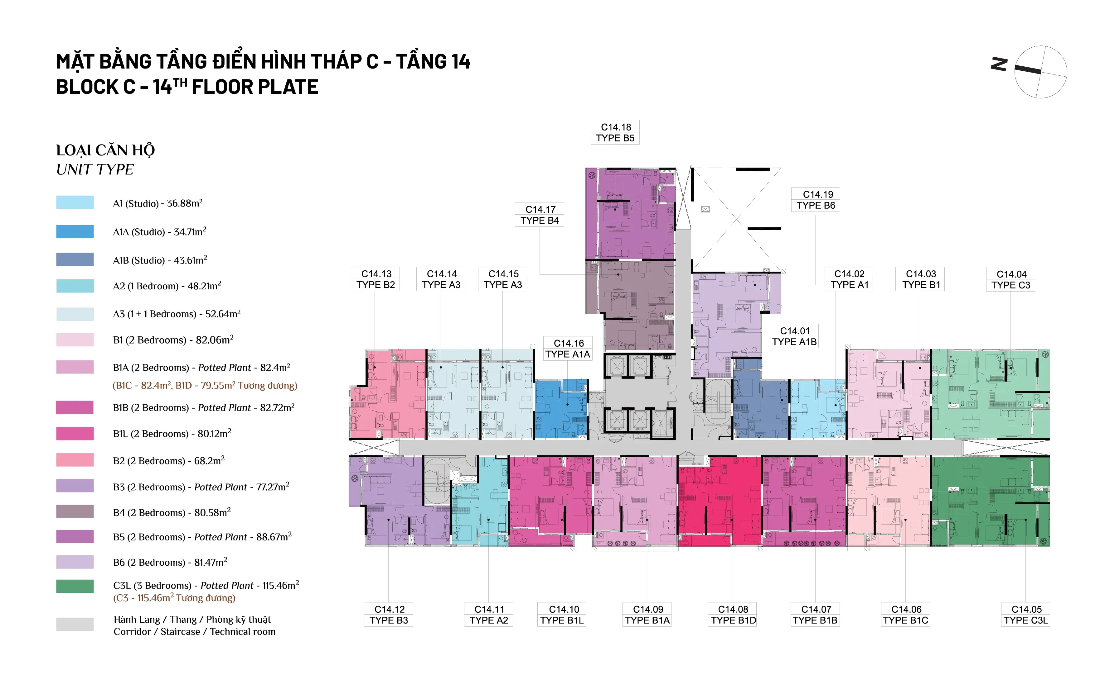 Mặt bằng tầng 14 Tháp C Elysian