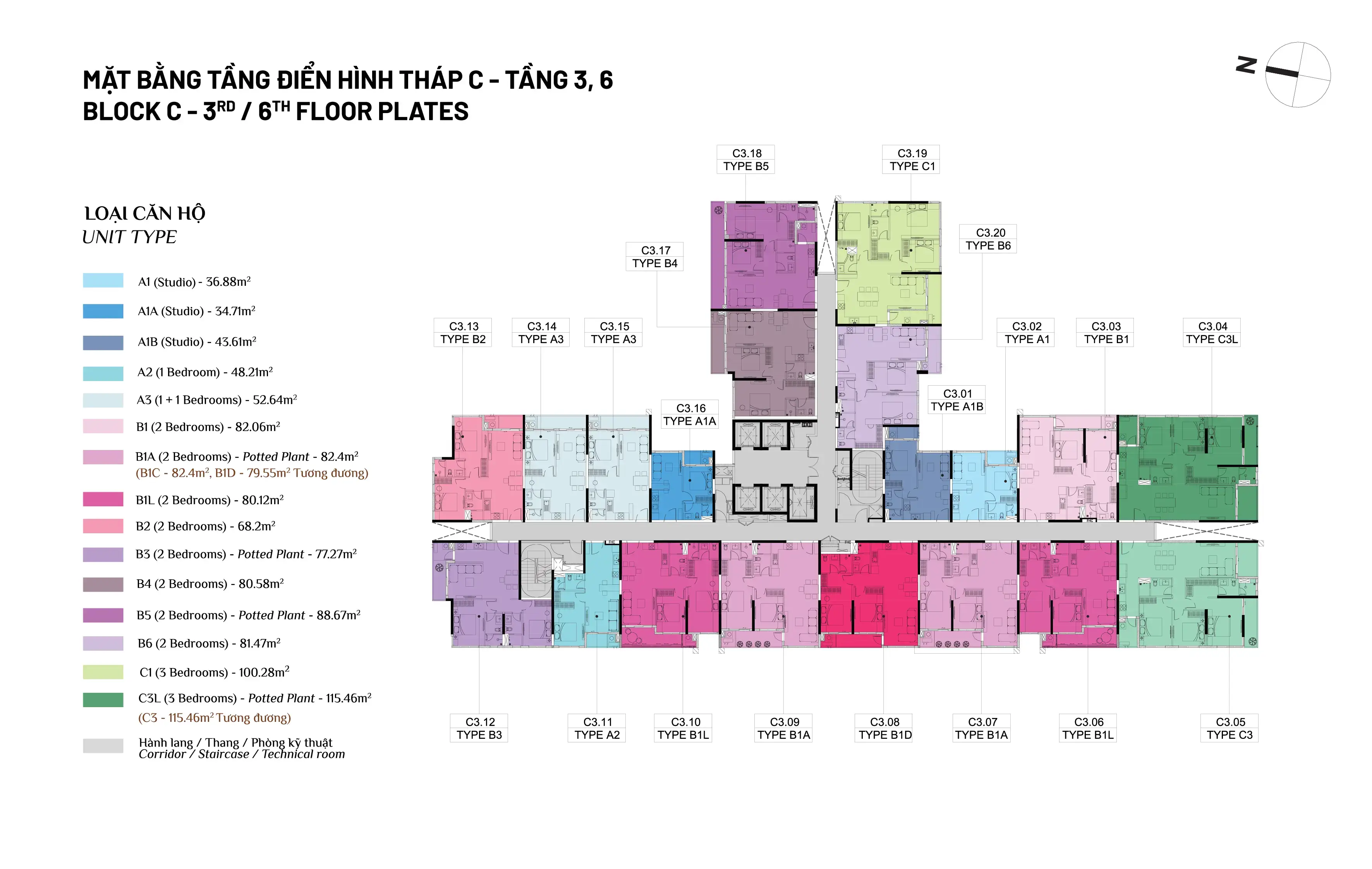Mặt bằng tầng 3, 6 Tháp C Elysian