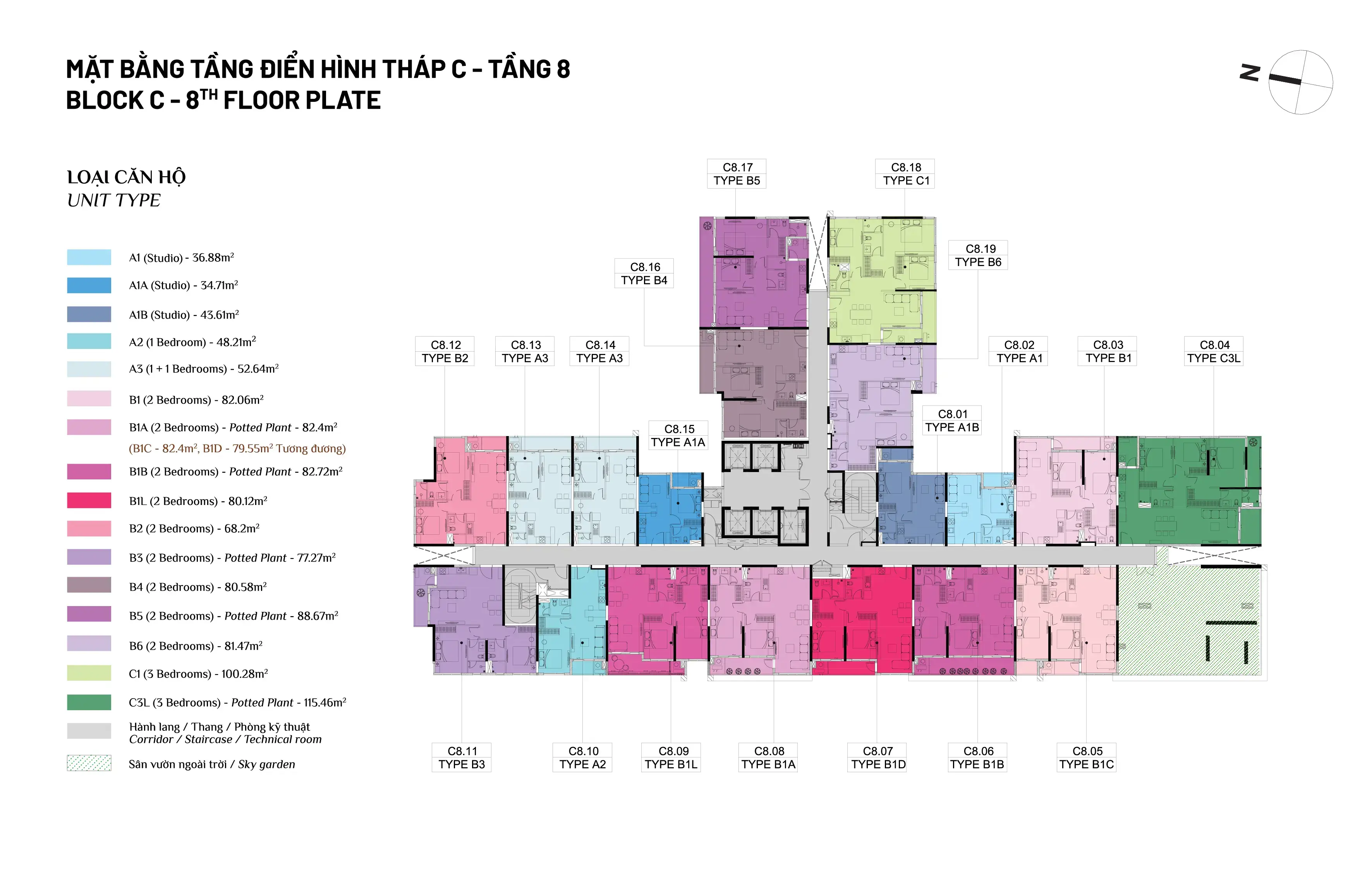 Mặt bằng tầng 8 Tháp C Elysian