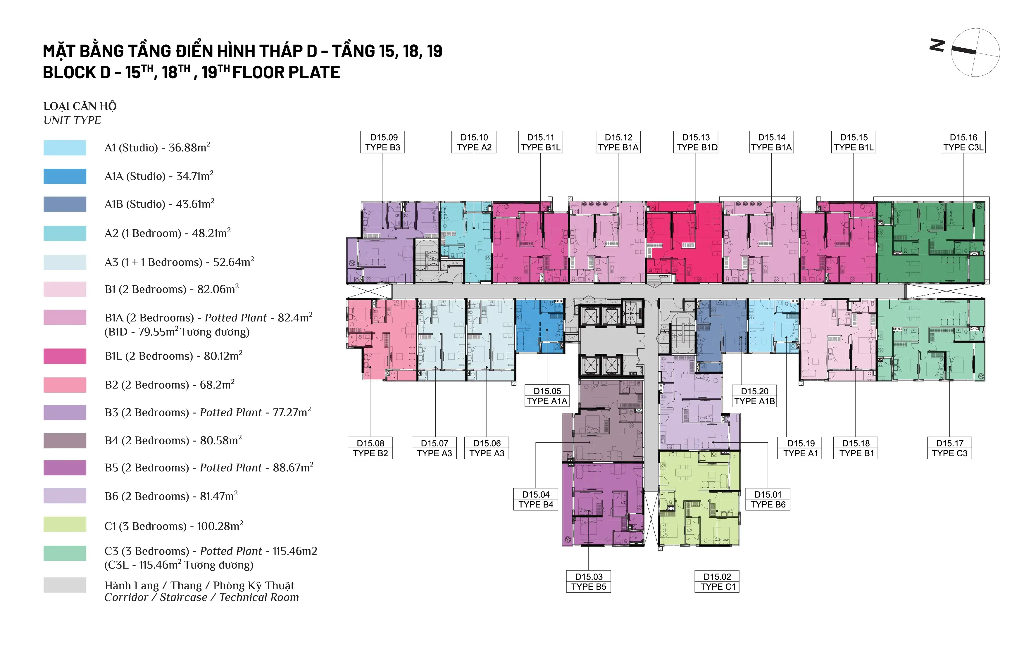 Mặt bằng tầng 15, 18, 19 Tháp D Elysian